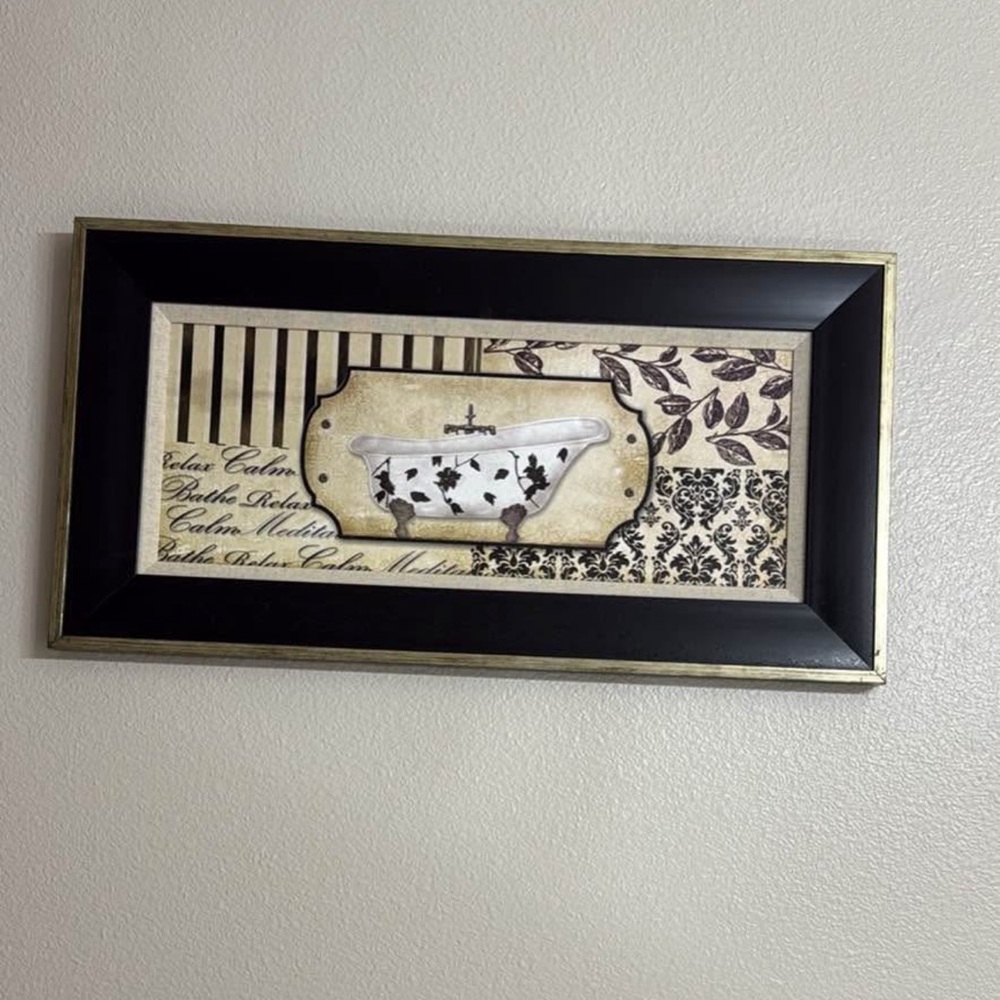 Gold and black bathtub claw foot tub picture frame wall decor elegant luxurious